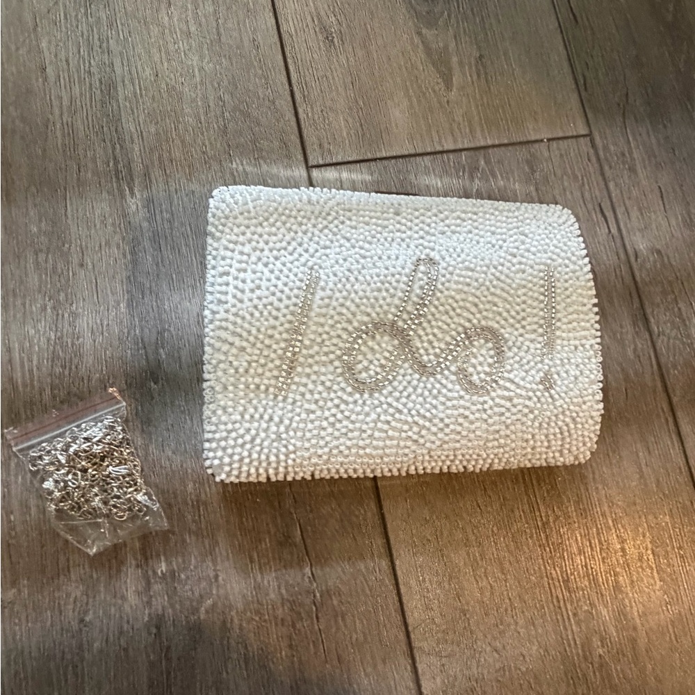 White Beaded 'I Do' Clutch with Rhinestone Script